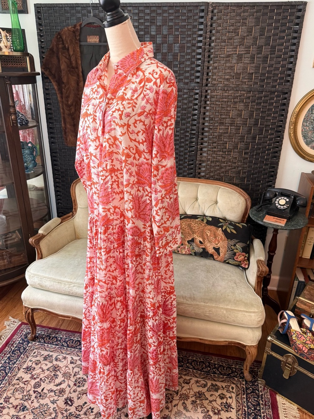 🌺 Guadalupe Design Meredith Floral Maxi Dress Coral Pink Cotton Tiered Boho M - Picture 7 of 12